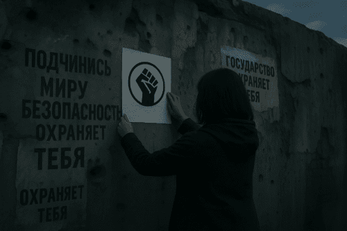 A woman seen from behind affixes a resistance poster featuring a raised-fist symbol onto a damaged concrete wall covered in Cyrillic propaganda slogans. The cracked surface bears bullet holes and faded text promoting obedience to the state. The scene is lit by a cool blue-grey dawn, evoking quiet defiance and psychological resilience.