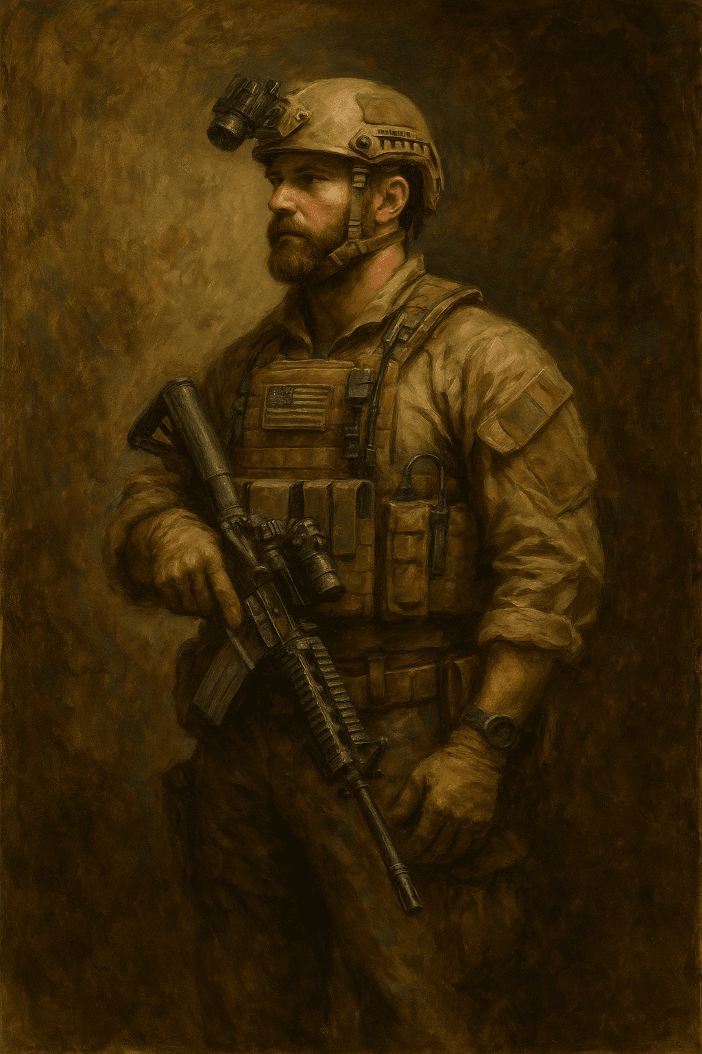 Oil-painting-style portrait of a modern special operations soldier standing at rest, wearing tan combat uniform, body armor, and helmet with night-vision device, holding a rifle across his chest. The subdued lighting and neutral background emphasize professionalism, discipline, and quiet confidence. Highlights evolution of elite warfare.