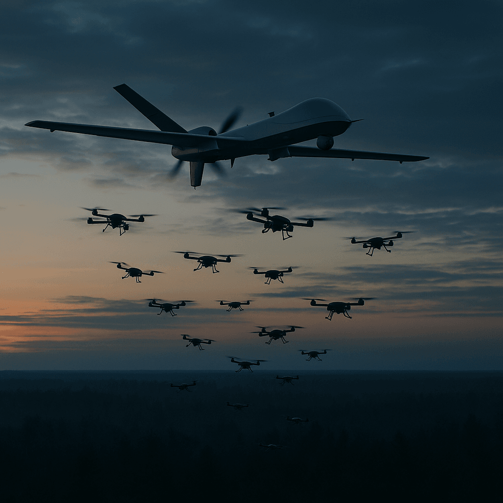 A cinematic aerial image showing a large ISR drone flying at mid-altitude over a Ukrainian-style forest at dusk, directing a coordinated swarm of smaller FPV drones below it. The scene conveys the concept of distributed, networked lethality without any visible personnel.