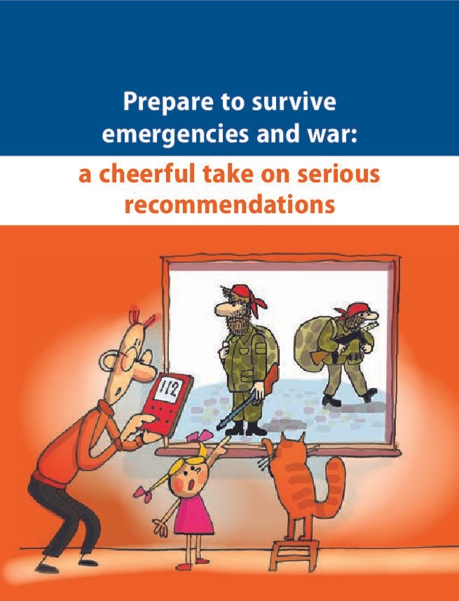 Cover of the Lithuanian Ministry of National Defence guide Prepare to survive emergencies and war, showing a cartoon of a family watching soldiers through a window