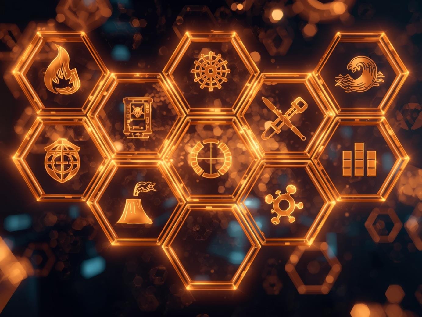 Hexagonal grid displaying glowing hazard icons representing fire, cyber threats, maritime emergencies, earthquakes, floods, infrastructure disruption, volcanic activity, and biological risks, used as the feature image.