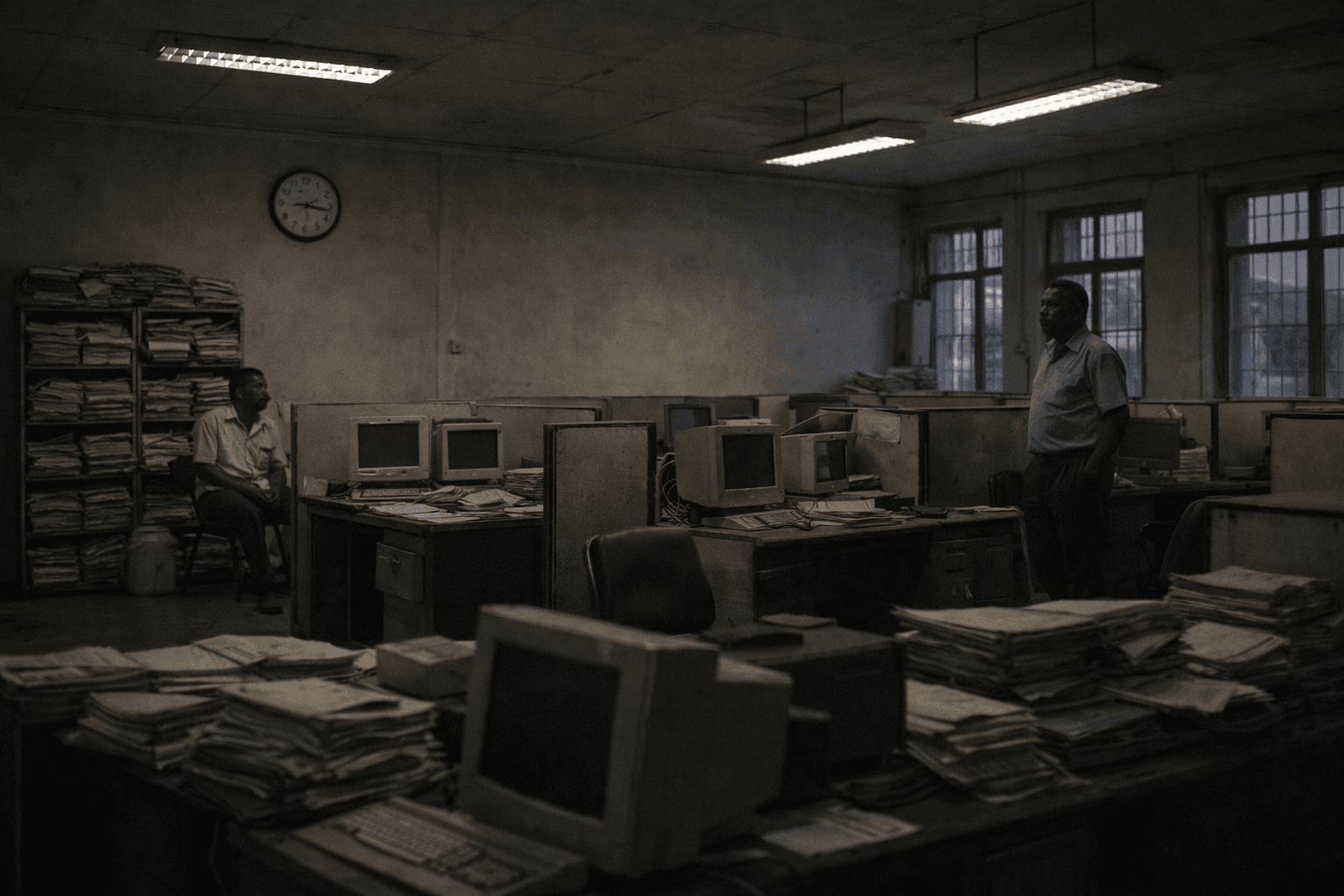 Interior of an aging government office with empty desks, outdated computers, stacks of paper files, dim fluorescent lighting, and two officials standing idle, conveying bureaucratic stagnation and institutional fatigue.