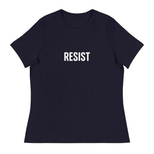 Women’s relaxed-fit t-shirt in navy with bold white RESIST text on the chest, front view