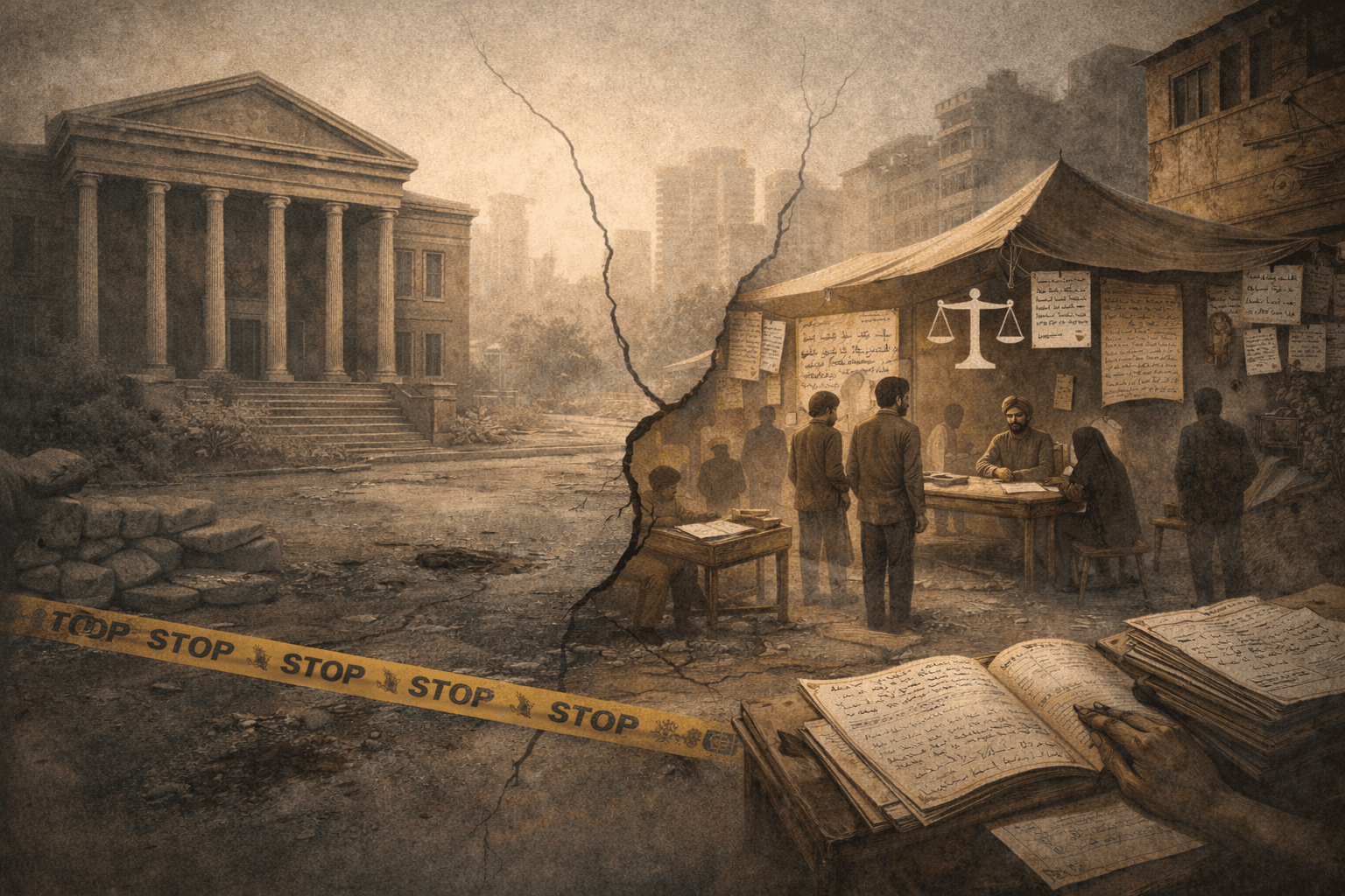 A symbolic illustration showing a formal government building contrasted with an informal community court, including handwritten ledgers and justice symbols, separated by visible cracks and barriers that represent competing systems of authority within the same urban space.