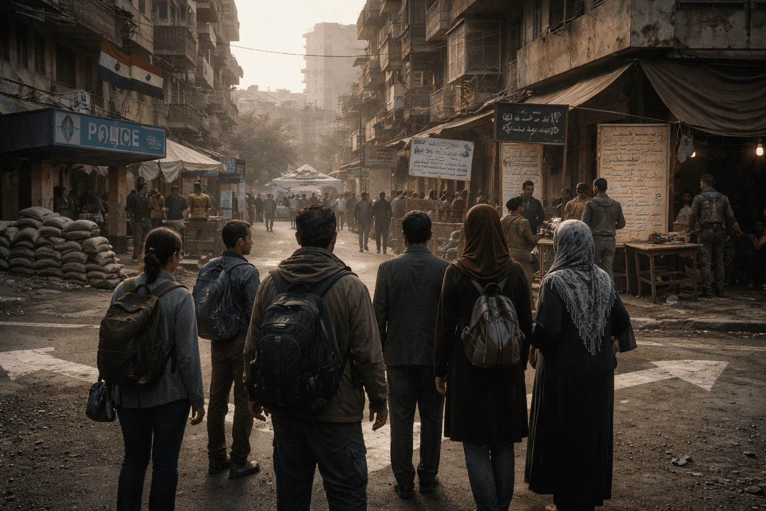 A group of civilians stands at a street intersection in a dense urban neighborhood, facing multiple centers of authority marked by police signage, informal notice boards, and community structures, illustrating everyday decision-making under competing governance systems.