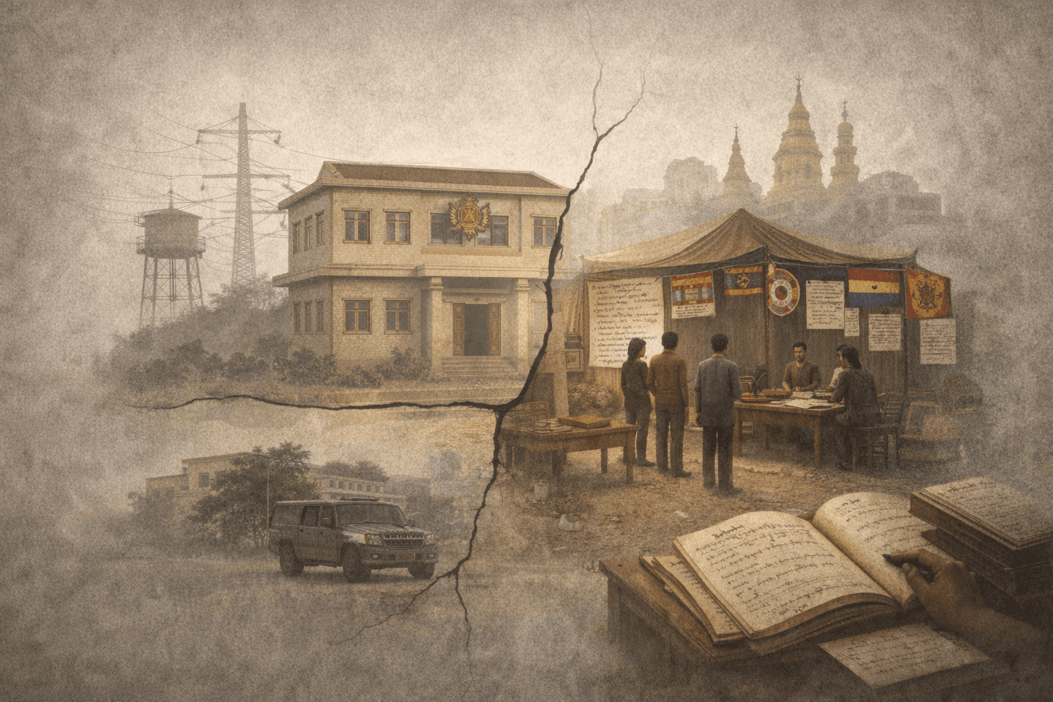 A symbolic illustration of fragmented governance in a Southeast Asian urban setting, showing a formal government office and basic infrastructure contrasted with a community-run justice space using handwritten records, divided by visible cracks representing competing systems of authority.