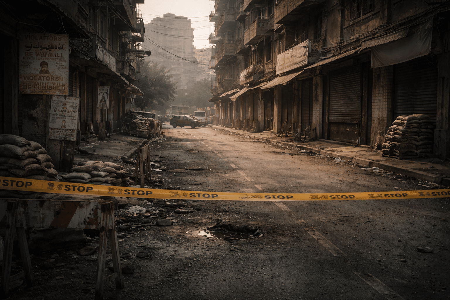 An empty urban street with closed storefronts, sandbag barricades, warning tape, and posted notices, conveying the aftermath of enforcement and the quiet presence of authority without visible violence.