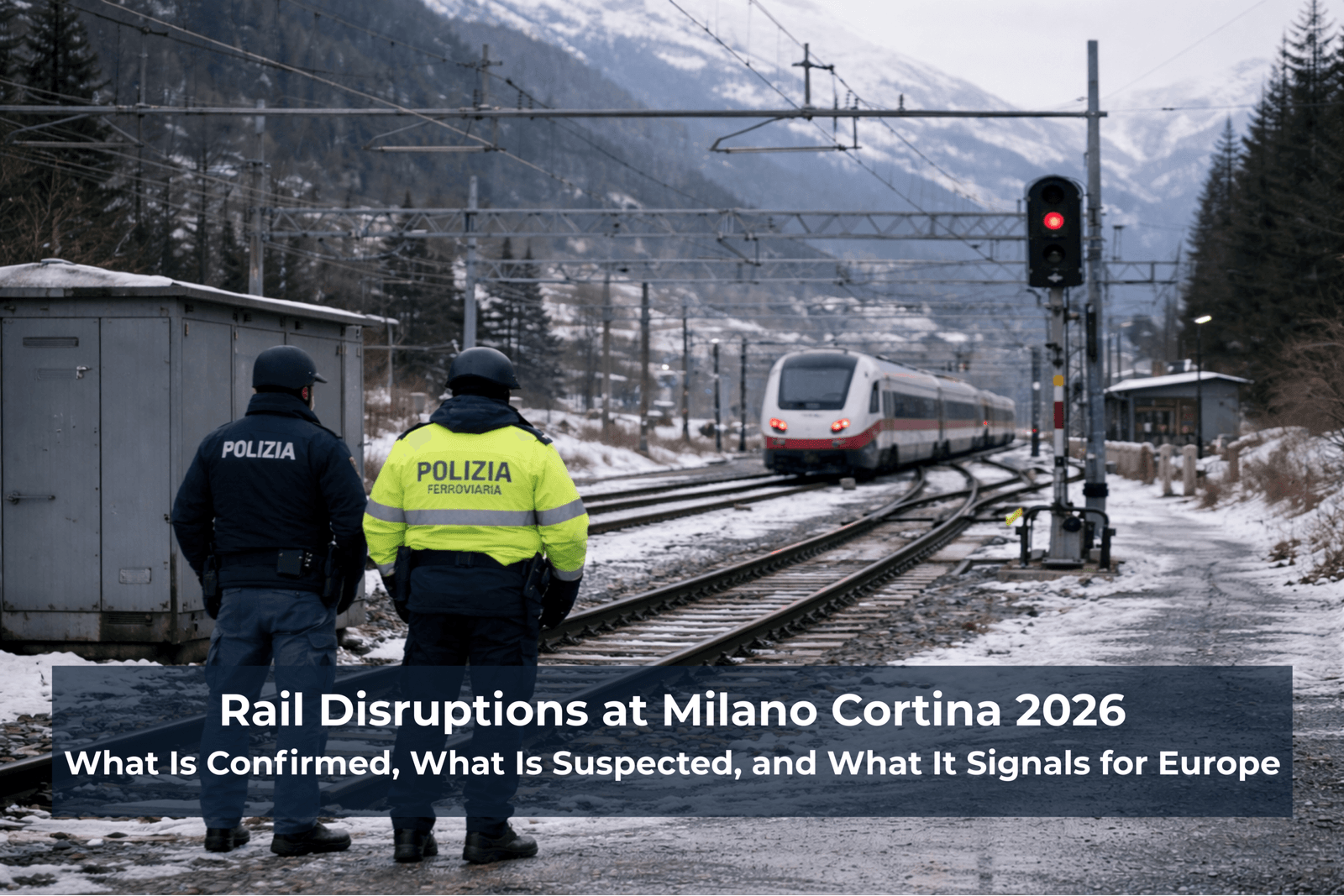 Italian railway police officers standing beside snow covered rail tracks near a high speed train in northern Italy during the 2026 Winter Games period.
