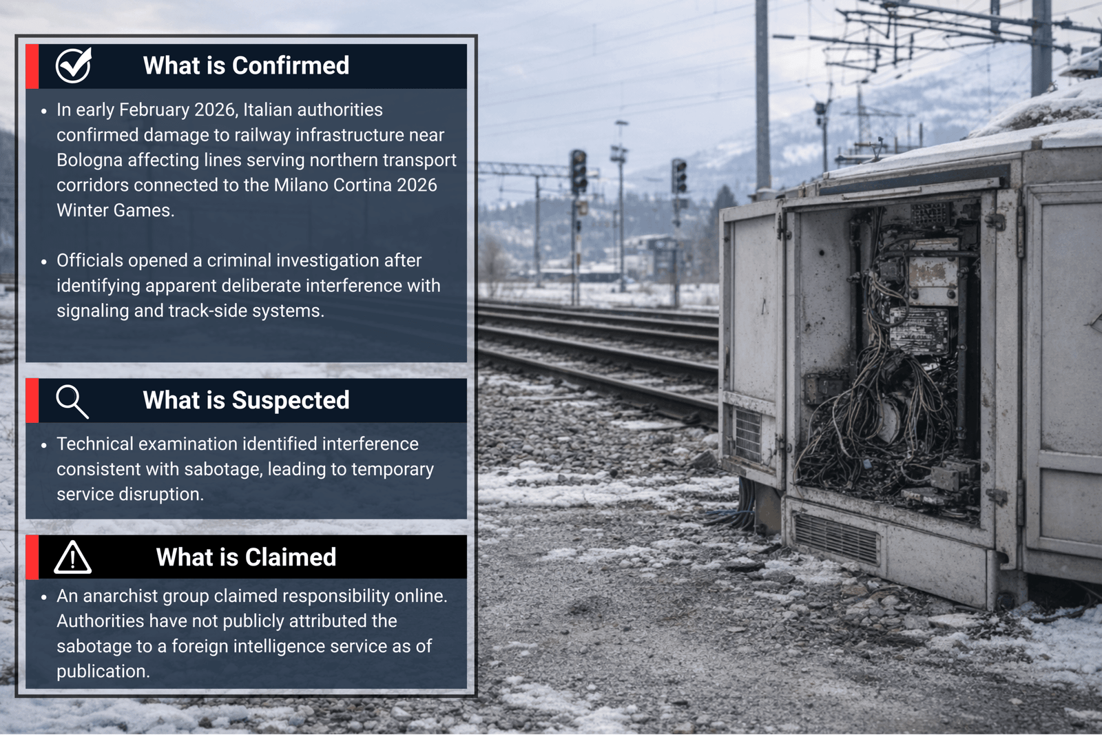 Damaged railway signaling cabinet beside snow covered tracks in northern Italy, with an infographic overlay summarizing confirmed, suspected, and claimed details of the Milano Cortina 2026 rail sabotage investigation.