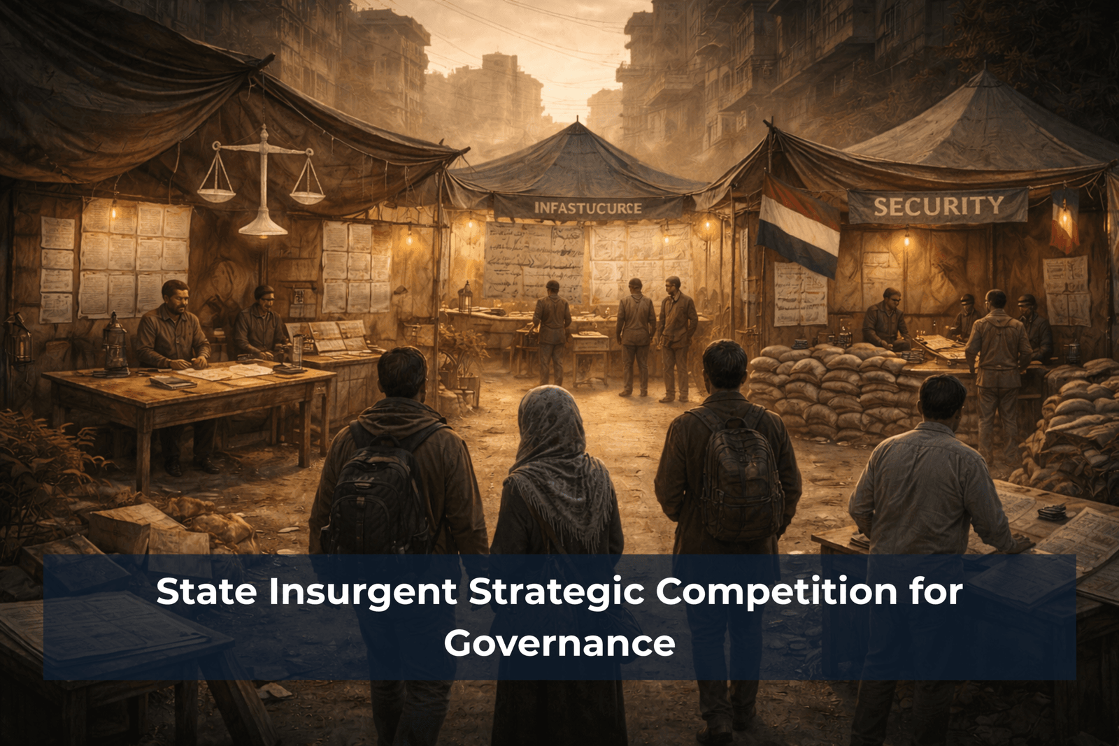 A symbolic illustration of a market-like street at dusk where civilians walk between makeshift stalls representing governance functions such as justice, infrastructure, security, and legitimacy, with documents, ledgers, and institutional symbols displayed in a tense but orderly urban setting.