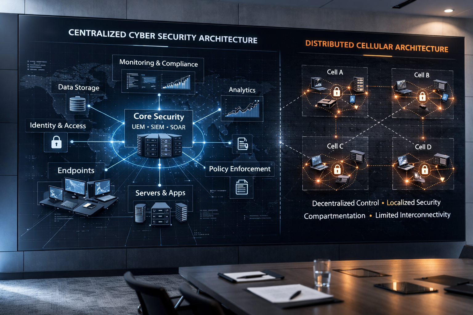 Large institutional conference room display showing a centralized hub-and-spoke network diagram beside multiple isolated cellular network clusters, illustrating contrasting cyber security architectures.