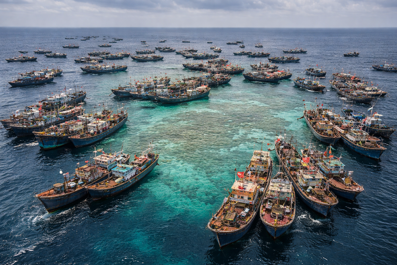 Dense formation of Chinese fishing vessels clustered around a reef in the South China Sea, illustrating gray zone maritime operations and paramilitary economic pressure.
