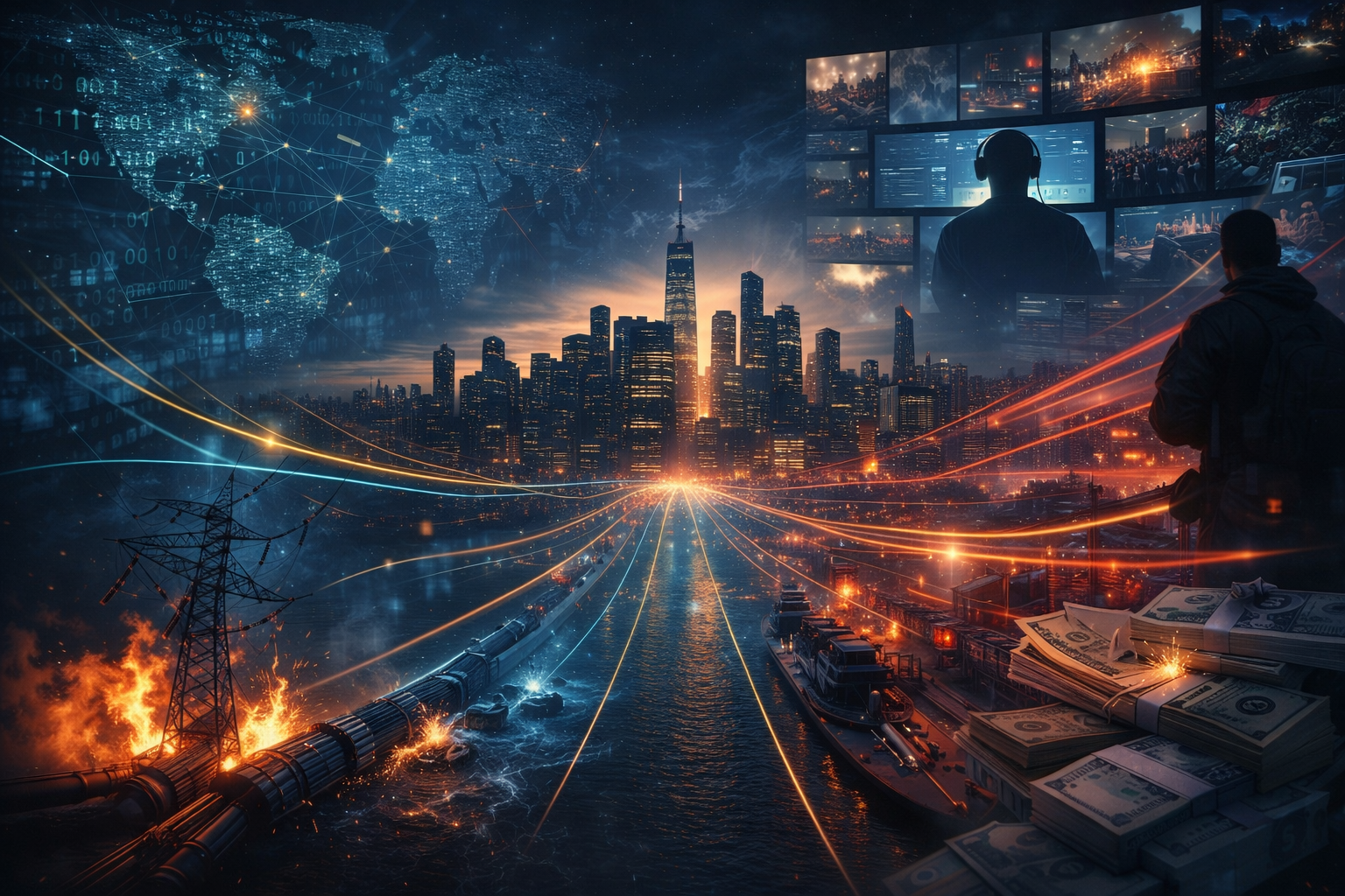 Layered visualization of hybrid warfare domains including cyber operations, disinformation, economic pressure, sabotage, and proxy activity converging on a modern democratic city skyline at dusk.