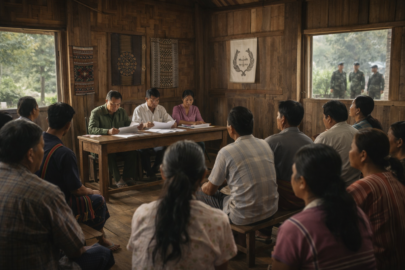 Interior of a modest wooden village building in Karen State where a local adjudication panel sits at a simple table reviewing documents while villagers observe from wooden benches. Woven textiles hang on the walls, and natural daylight enters through open windows where uniformed community security personnel are visible outside, illustrating localized governance and institutional authority rather than active combat.
