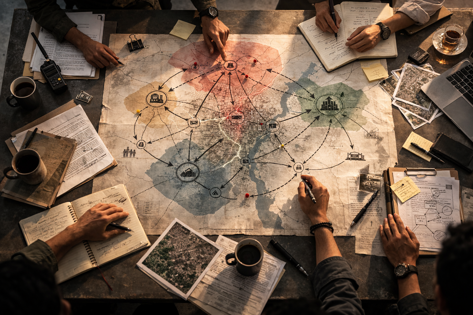Overhead view of planners gathered around a large map covered in interconnected nodes and arrows, symbolizing structural competition and strategic governance planning in a conflict environment.