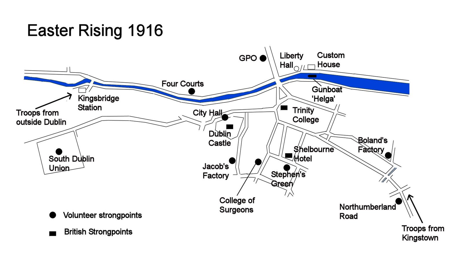 Map of Dublin during the 1916 Easter Rising showing Volunteer strongpoints at the GPO, Four Courts, Jacob's Factory, Boland's Factory, and the College of Surgeons, with British strongpoints at Dublin Castle, Trinity College, and Shelbourne Hotel.
