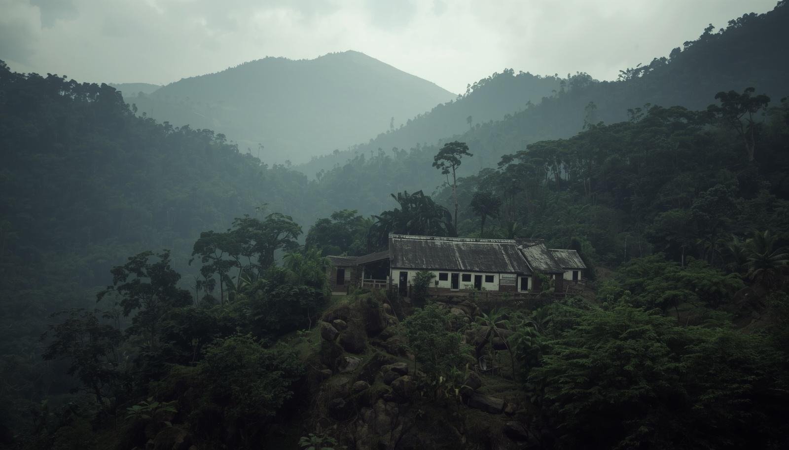 A mountainous Southeast Asian borderland landscape with a civilian administrative building or community meeting hall amid forested terrain.