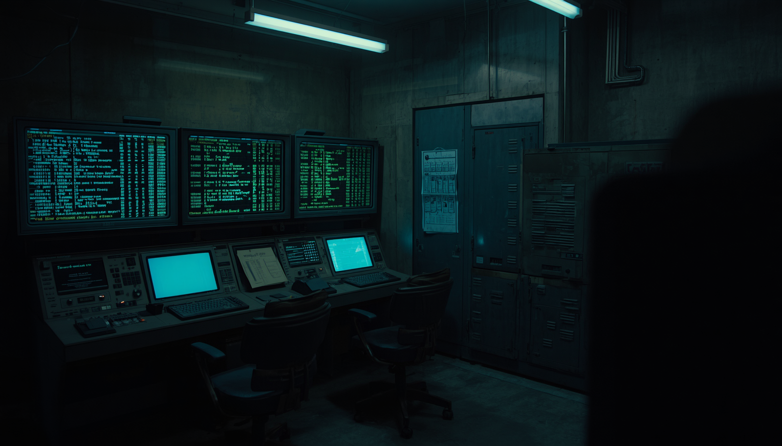 Darkened railway dispatch control room with rows of analog monitors displaying system status data and empty operator chairs.