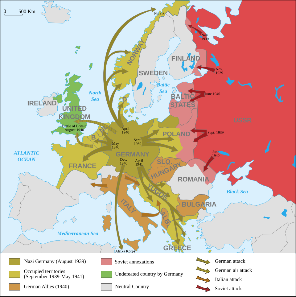 Animated military movement map of Europe between 1939 and 1941 showing Nazi Germany in olive, occupied territories in yellow, German allies in tan, and Soviet annexations in pink, with red arrows marking Soviet attacks into Finland, the Baltic States, eastern Poland, and Romania during the period of Soviet expansion under the Molotov-Ribbentrop Pact that established the occupation framework the ARIS study analyzes