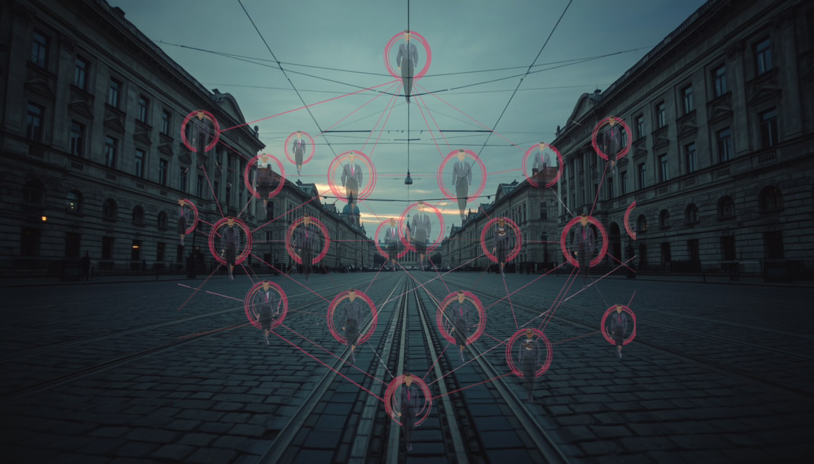 A wide Central European city boulevard at dusk, photographed at street level with classical stone civic buildings framing both sides and tram lines receding to a vanishing point, overlaid with a translucent network diagram of anonymous silhouetted figures connected by glowing red lines in a clear top-down hierarchy, visualizing the whole-of-society resistance networks that the 2019 ARIS counter-unconventional warfare study identifies as the decisive form of pre-conflict preparation.