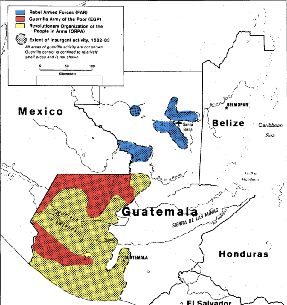 Map of Guatemala showing areas of guerrilla activity as of January 1992, with zones controlled by the Guerrilla Army of the Poor, Revolutionary Organization of the People in Arms, and Rebel Armed Forces during the Guatemalan civil war.
