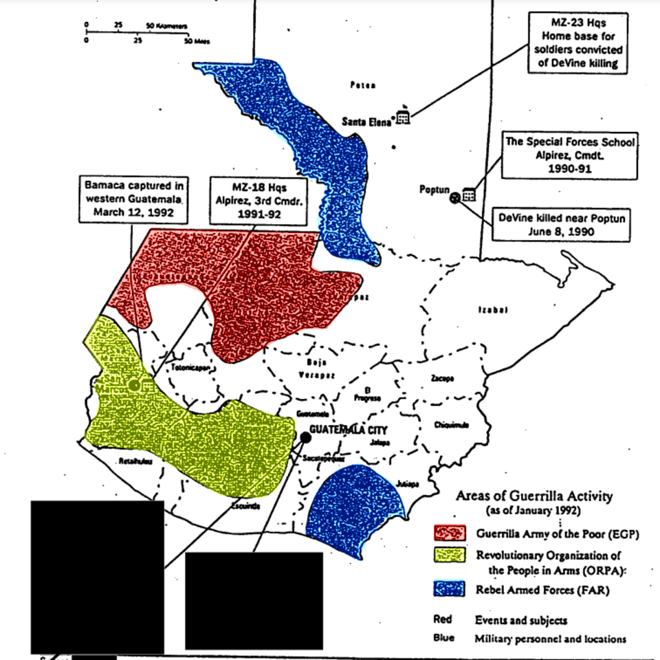 Map of Guatemala showing the extent of insurgent activity in 1982 to 1983, with guerrilla zones in the western highlands held by the Guerrilla Army of the Poor, Revolutionary Organization of the People in Arms, and Rebel Armed Forces.