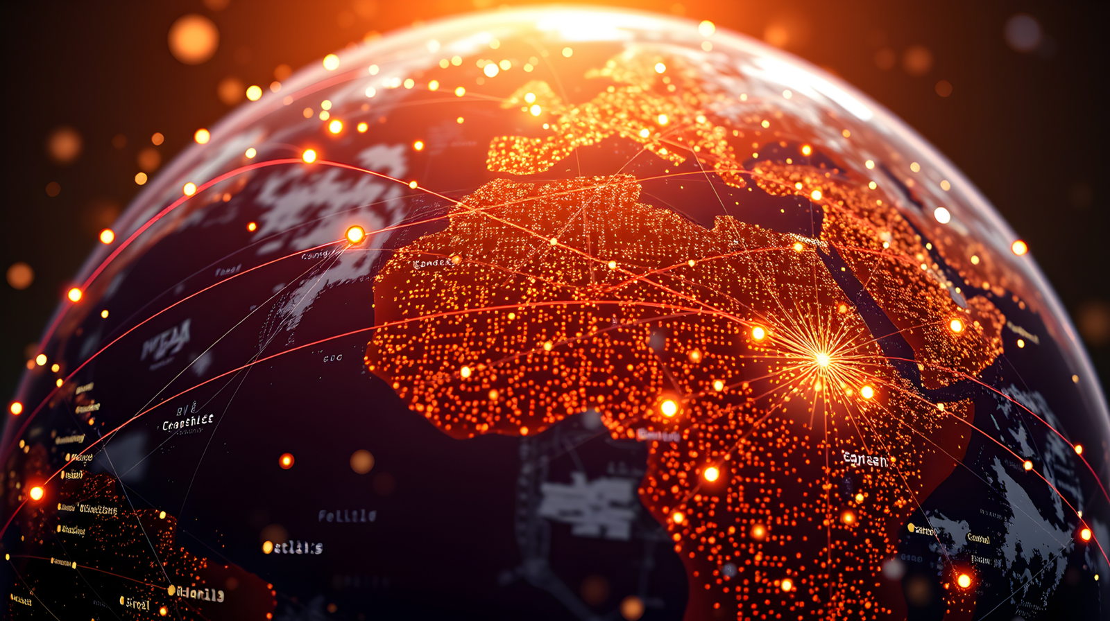 Digital globe with glowing network nodes and connection arcs spanning continents, illustrating the global reach of the information sphere