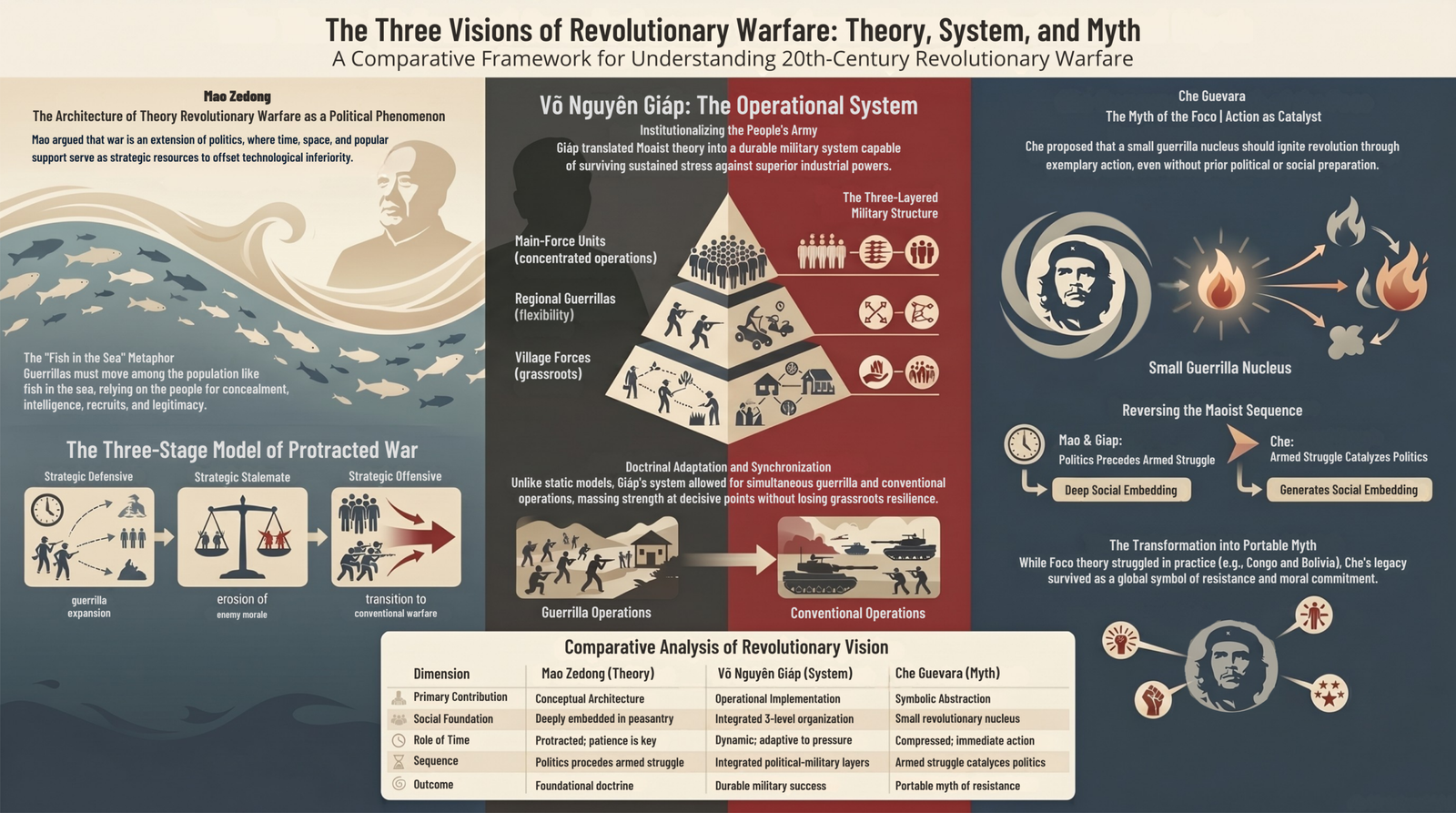 Comparative infographic titled The Three Visions of Revolutionary Warfare: Theory, System, and Myth, divided into three color-coded columns. The Mao Zedong column, in blue, shows the fish-in-the-sea metaphor over a shoal of fish and a three-stage model of protracted war moving from strategic defensive through stalemate to strategic offensive. The Vo Nguyen Giap column, in charcoal and maroon, shows a three-tiered pyramid of village forces, regional guerrillas, and main-force units, with guerrilla operations transitioning to conventional operations. The Che Guevara column, in navy, shows a small guerrilla nucleus igniting outward like a spark into flame, illustrating foco theory and its transformation into a portable myth of resistance after failures in the Congo and Bolivia. A comparative table at the bottom contrasts the three thinkers across primary contribution, social foundation, role of time, sequence, and outcome.