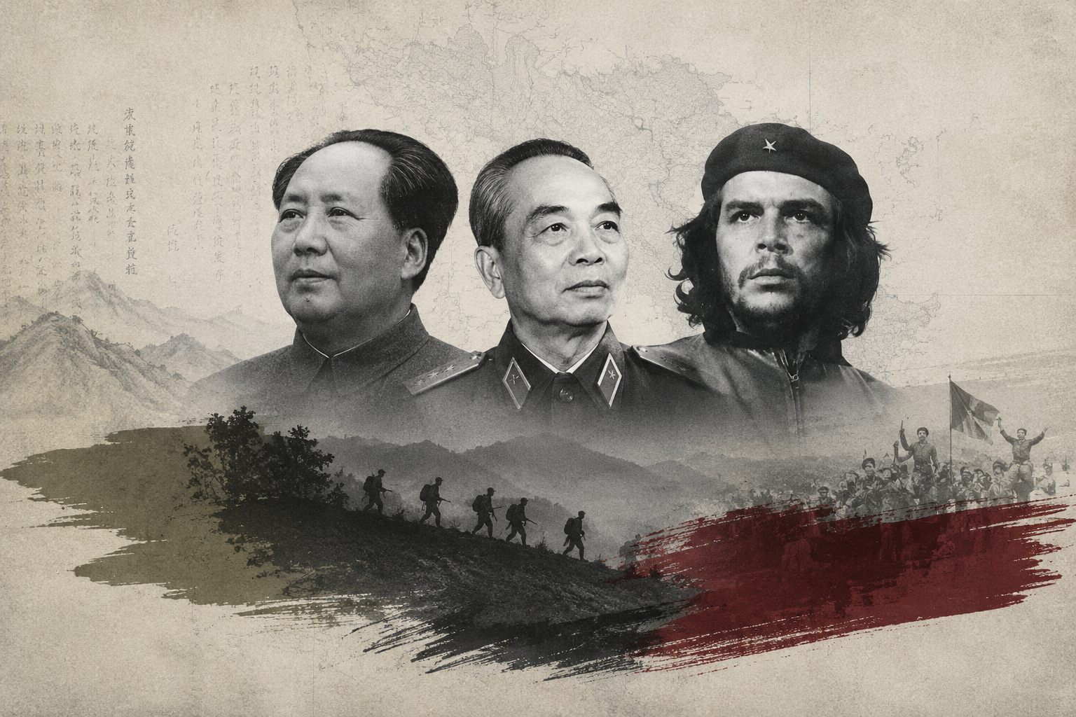 Artistic editorial illustration for The Three Visions of Revolutionary Warfare, showing stylized monochrome portraits of Mao Zedong, Vo Nguyen Giap, and Che Guevara across the top against an aged parchment background with classical Chinese calligraphy and a faint topographic map. Below, ink-wash brushstrokes in black and deep red carry silhouettes of a guerrilla column marching single file across a ridgeline on the left and a mass of revolutionary fighters raising a flag on the right, evoking the progression from theory to system to myth.