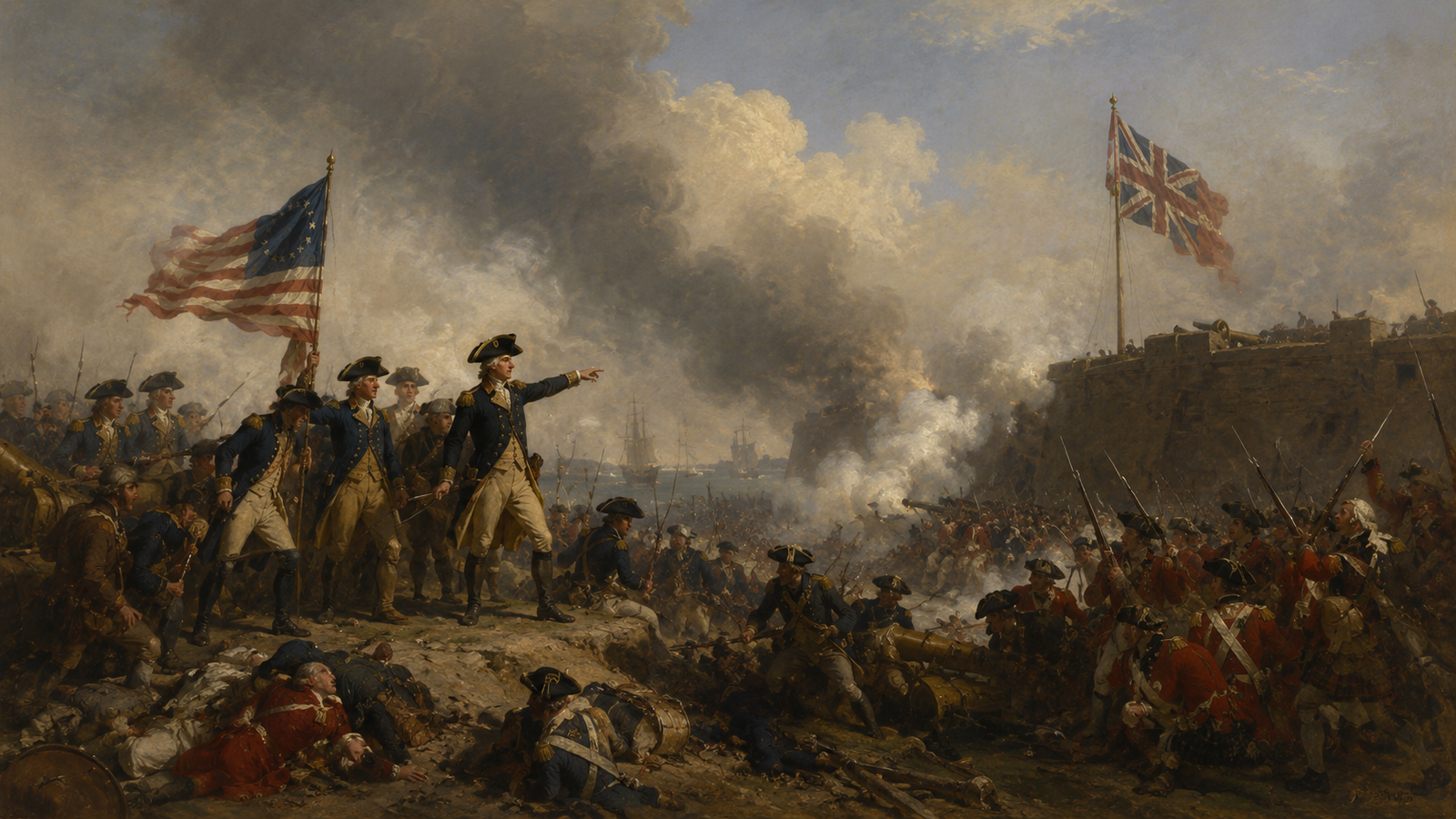 AI-generated painting in the style of a Revolutionary War battle scene: Continental Army officers under an early American flag, one pointing toward a smoke-shrouded British coastal fortress flying the Union Jack, with massed redcoats, fallen soldiers, and warships in the harbor beyond, evoking the Patriot insurgency's war against British regulars
