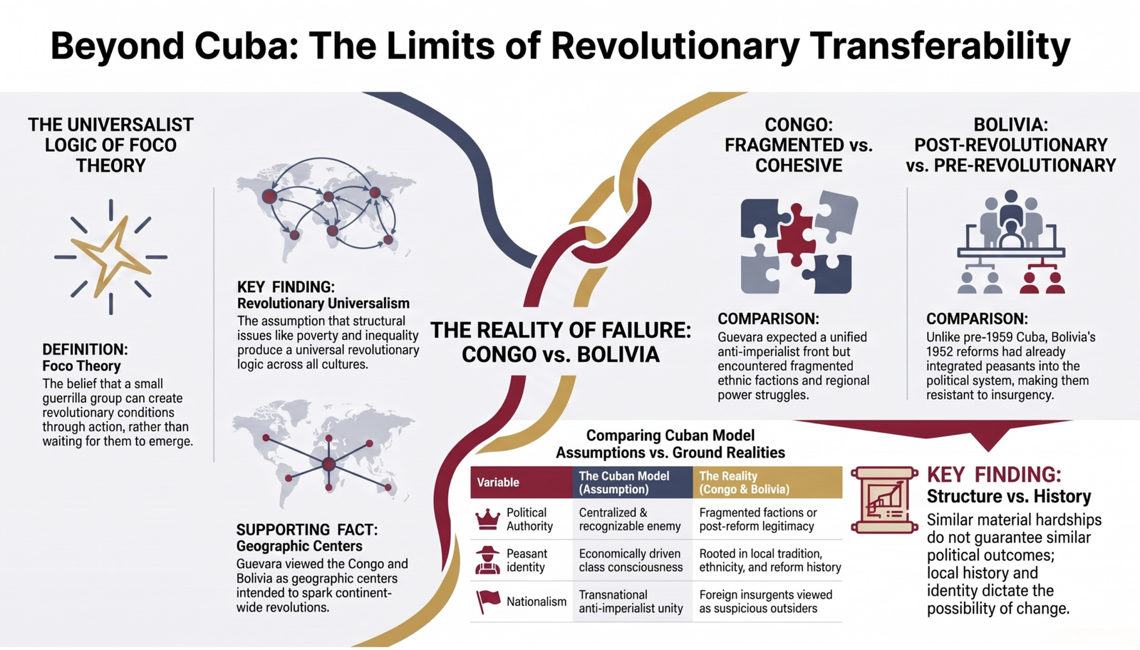 Infographic titled "Beyond Cuba: The Limits of Revolutionary Transferability," outlining Che Guevara's foco theory and revolutionary universalism, then contrasting the Congo's fragmented authority with Bolivia's post-1952-reform society, and summarizing that similar hardships do not produce similar revolutionary outcomes.