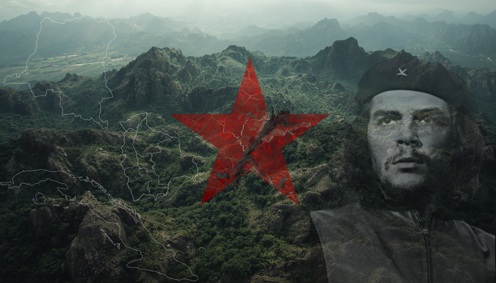 Portrait of Che Guevara in his starred beret merged with mountainous jungle terrain, a cracked red star, and faint country map outlines