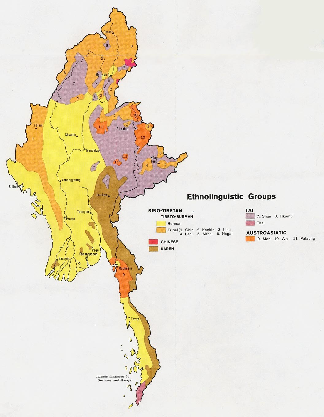 A 1972 US Central Intelligence Agency map of Burma showing ethnolinguistic groups as bounded coloured territories, with the Karen areas in brown running along the eastern border and south into Tenasserim, Burman in yellow through the central lowlands, and Shan in lavender to the northeast