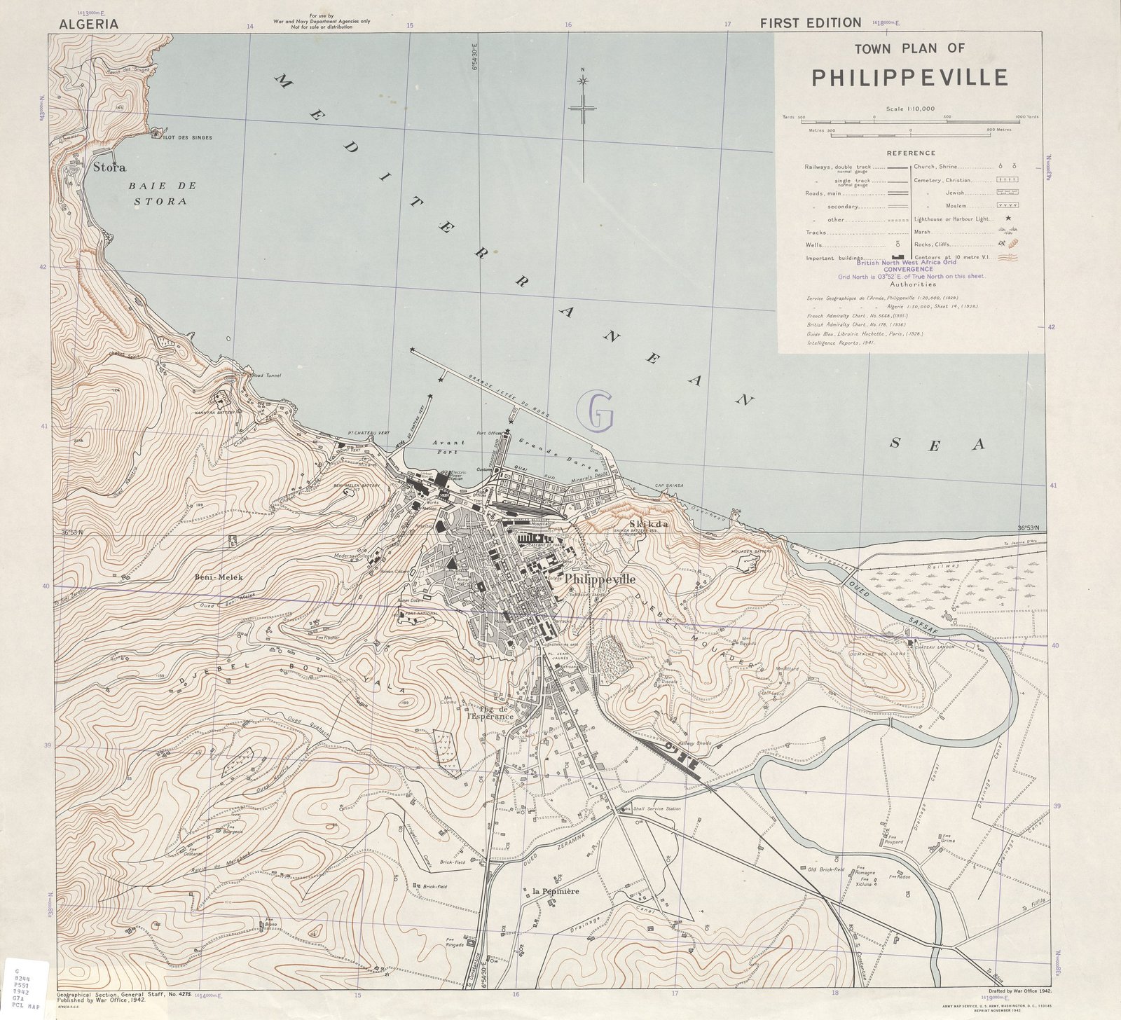 1942 U.S. Army Map Service city plan of Philippeville, Algeria (now Skikda), showing the harbor, the street grid of the colonial town, and the surrounding hills on the Mediterranean coast.