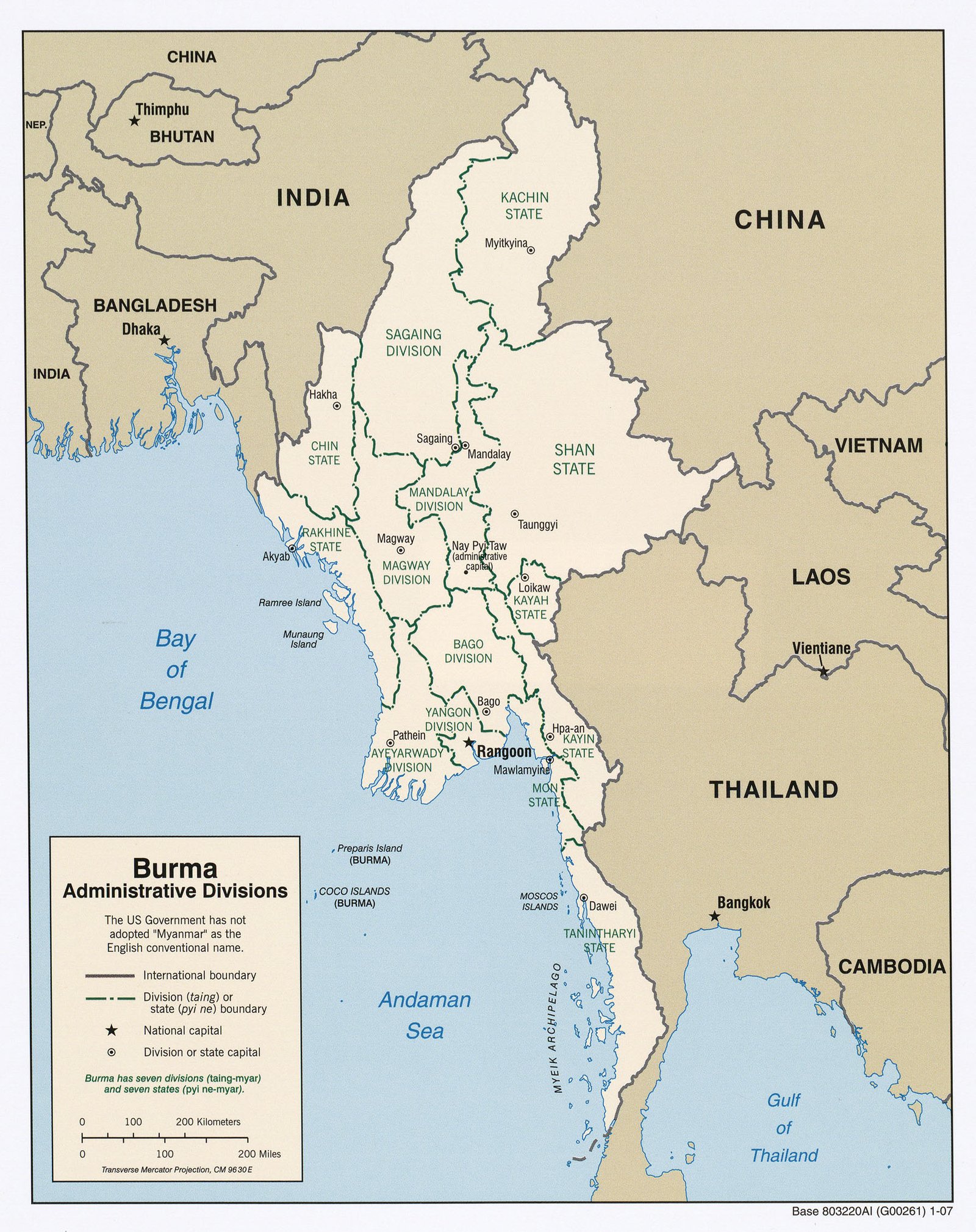 A January 2007 US Central Intelligence Agency map of Burma's official administrative divisions, showing seven states and seven divisions in green outline, with Kayin State and its capital Hpa-an along the Thai border in the southeast and Rangoon on the Gulf of Martaban