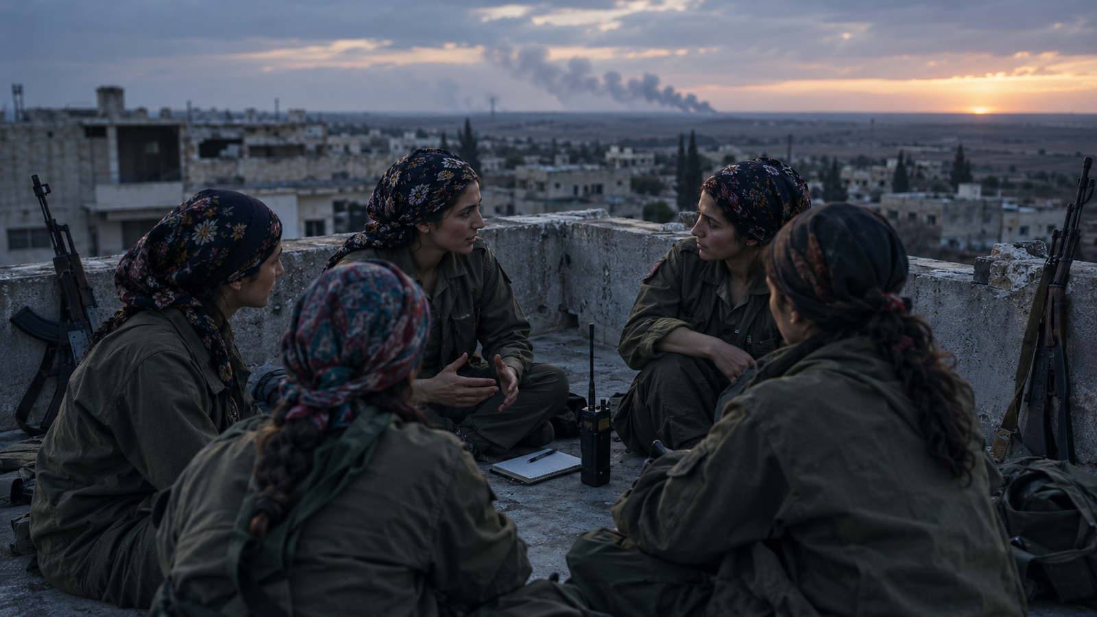 Five women in field uniforms and floral headscarves talk in a circle on a damaged rooftop at sunset, a radio and notebook between them and rifles against the wall, illustrating the YPJ as an armed unit and a political forum