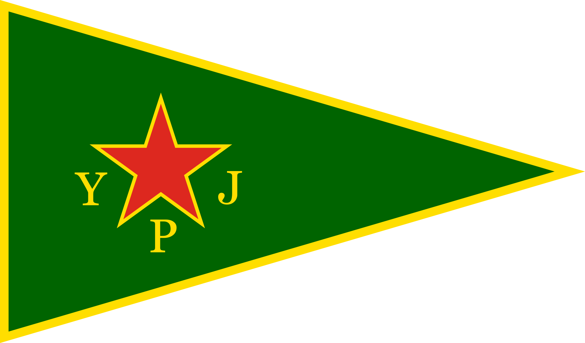 Flag of the Women's Protection Units (YPJ), a green triangular pennant with a gold border and a gold-outlined red star, with the gold letters Y, P and J arranged around the star